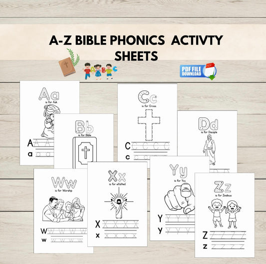 A-Z Bible Phonics Activity Sheets on a wooden surface with a PDF icon.