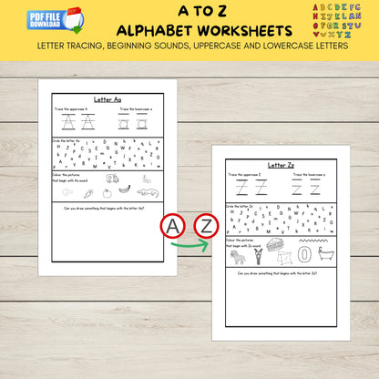 "Printable a to z alphabet worksheets."