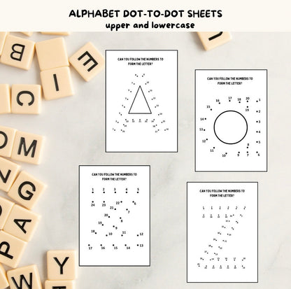 "Printable alphabet dot to dot letter tracing worksheets."