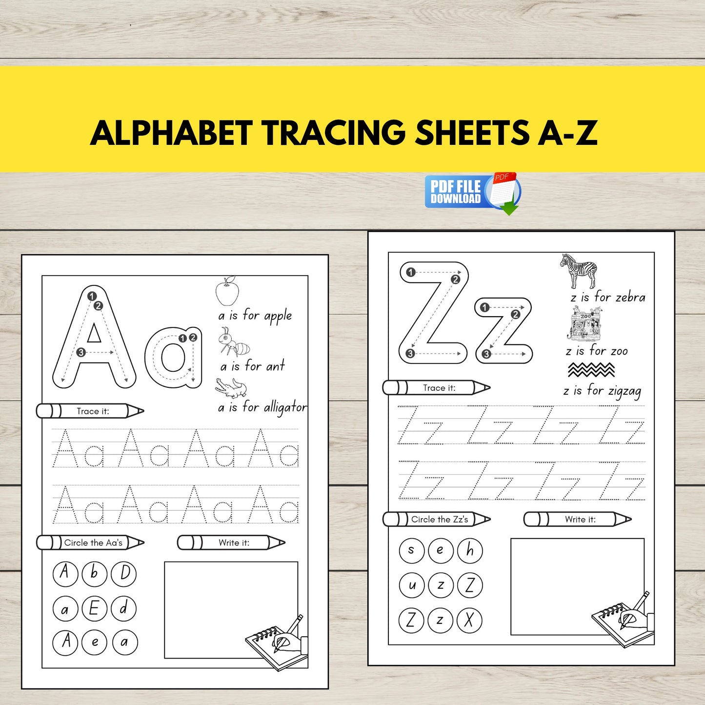 Printable A–Z alphabet tracing worksheets for preschool and kindergarten