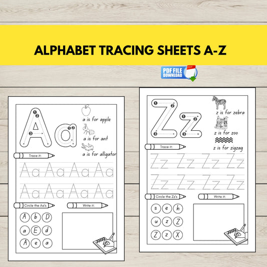 Printable A–Z alphabet tracing worksheets for preschool and kindergarten