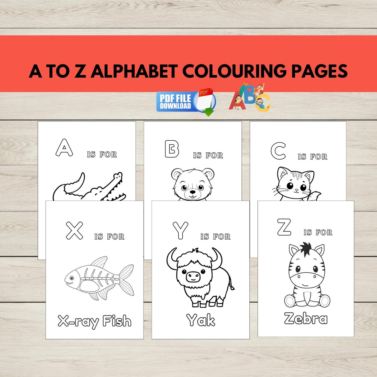 A to Z alphabet colouring pages with animal illustrations on a wooden surface.
