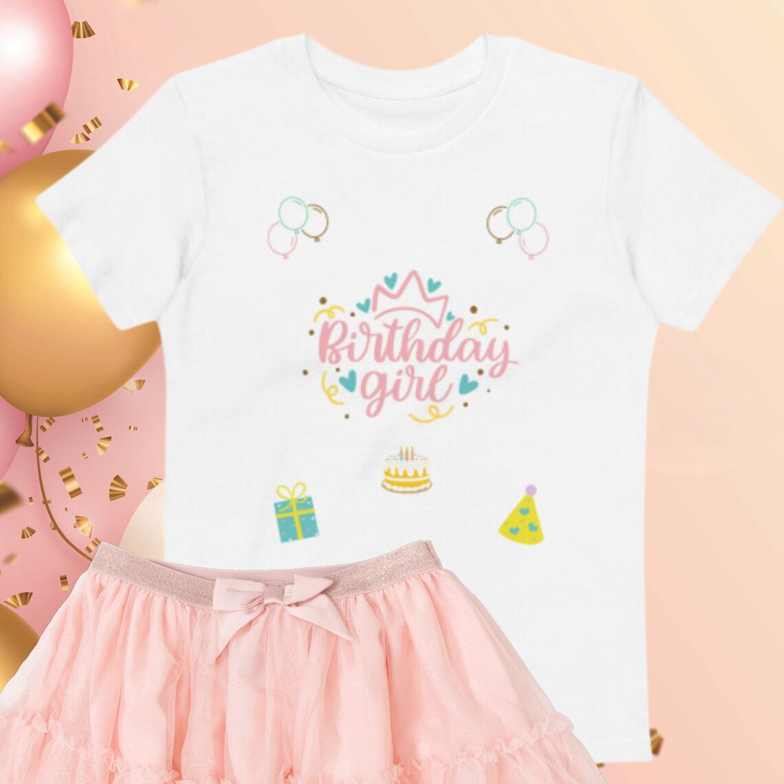 "A girls white birthday tshirt with pink skirt."