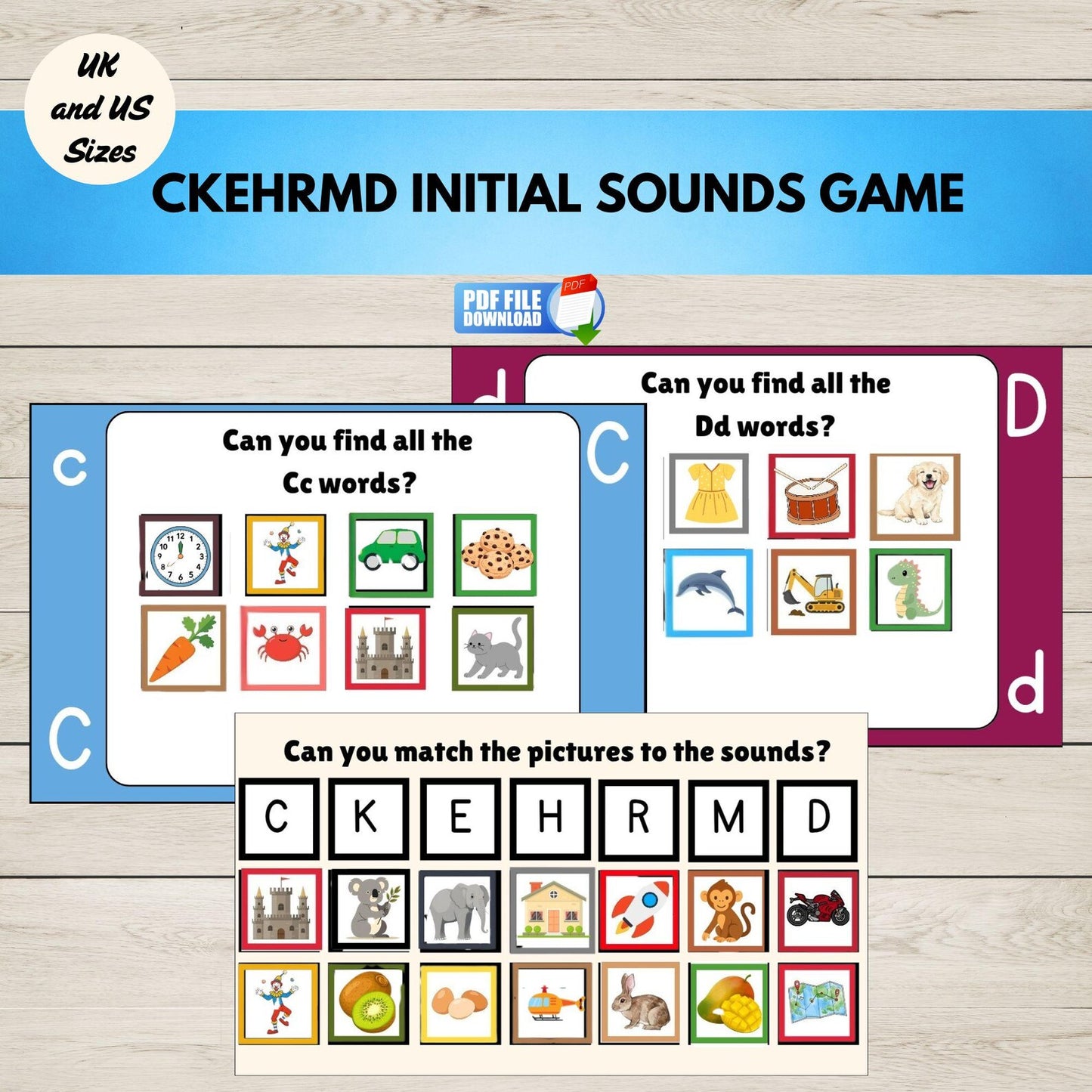 Printable CKEHRMD initial sounds phonics activity for early literacy instruction.