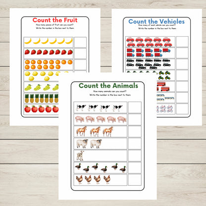 "Printable counting practice worksheets."