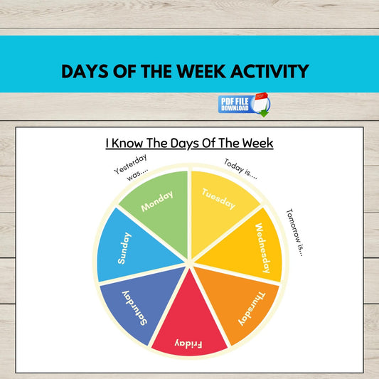 Colourful wheel chart for learning days of the week on a wooden surface with a blue banner.
