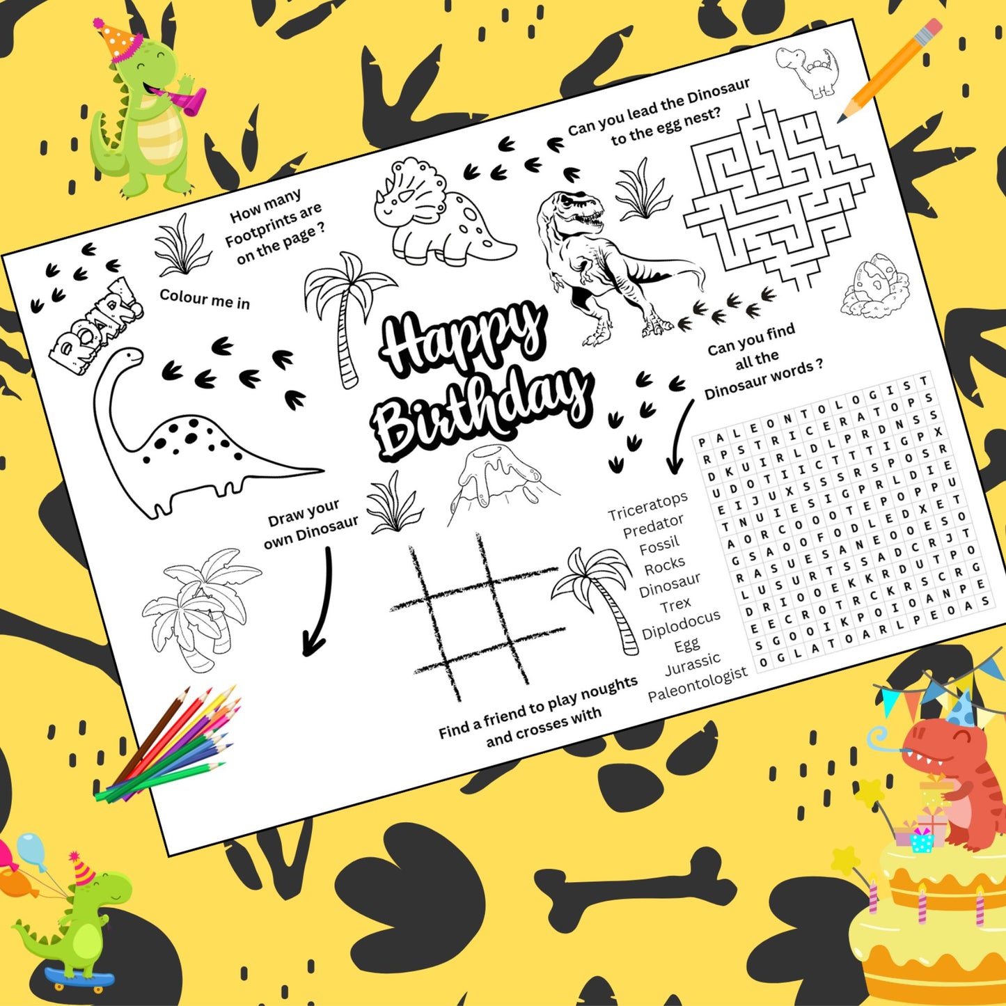 "A dinosaur birthday activity printable placemat with colouring and puzzles."