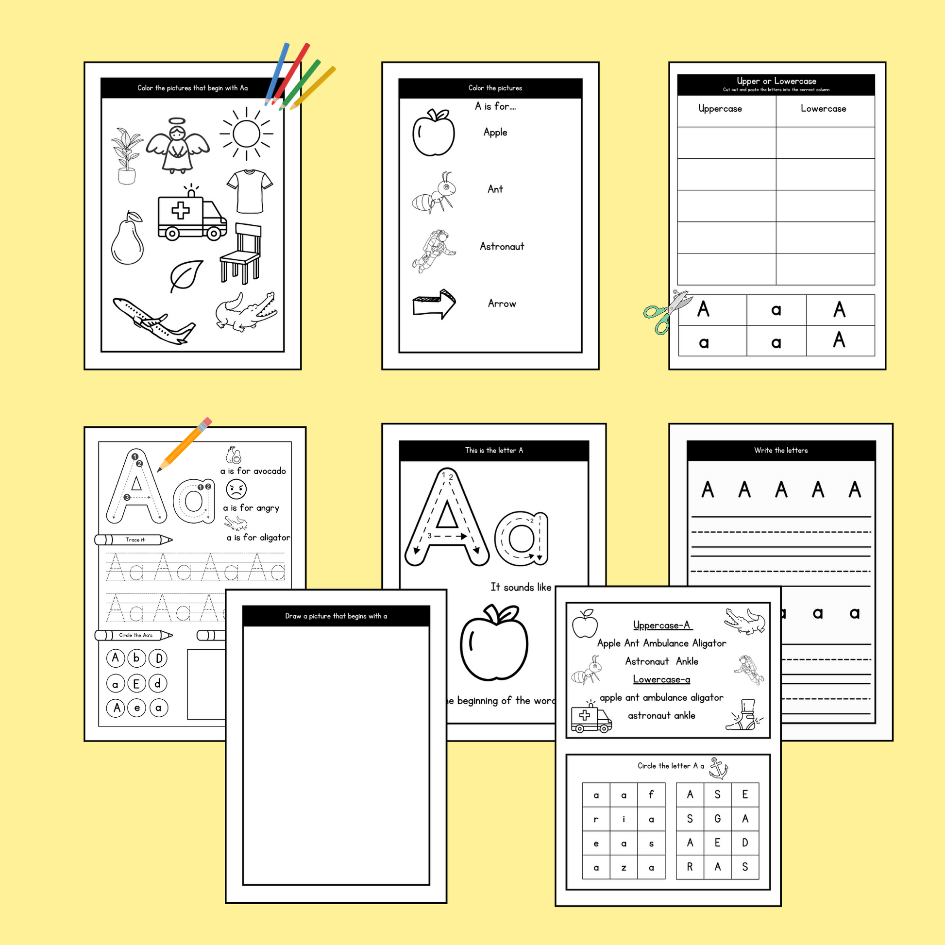 "A set of printable alphabet worksheets and letter tracing sheets."