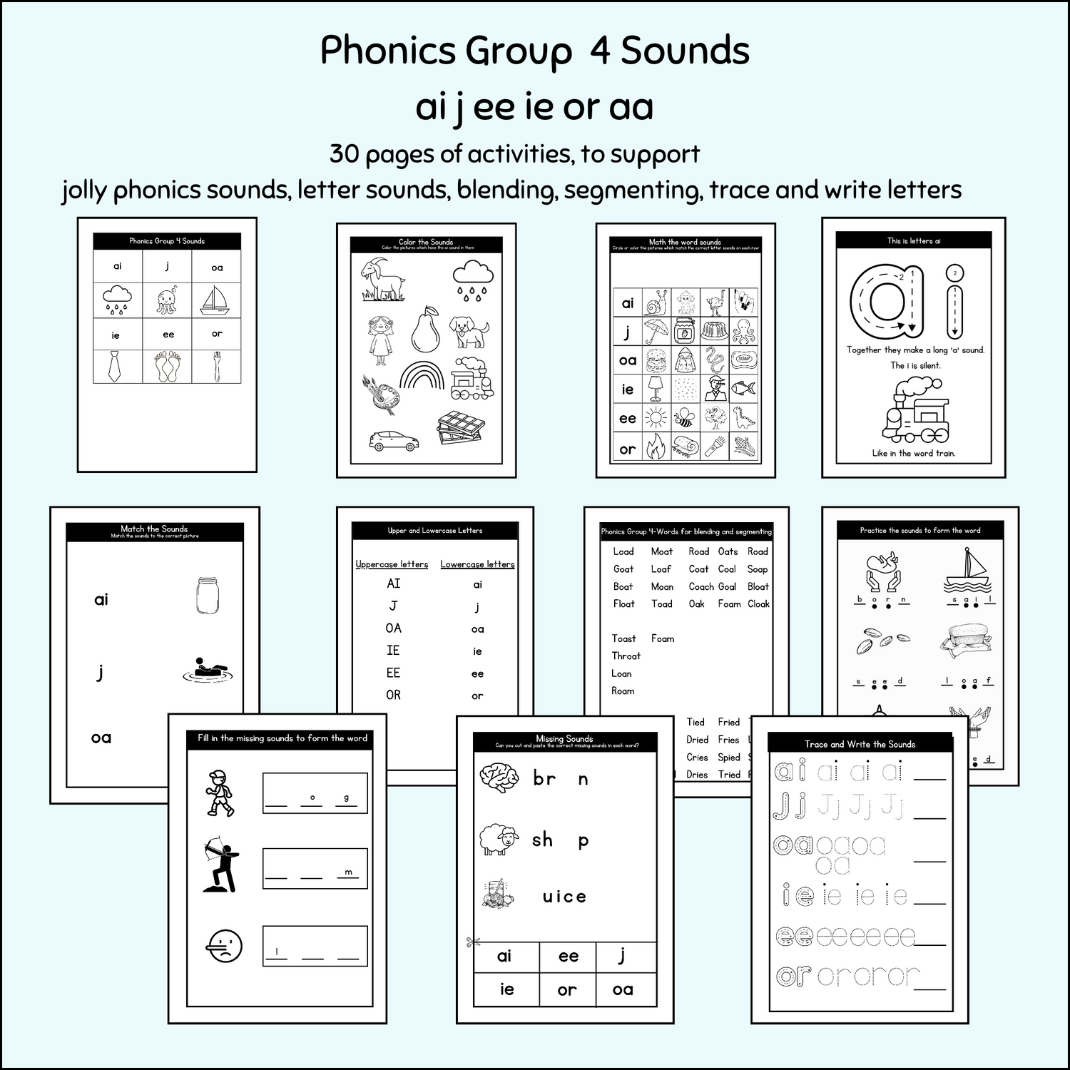 "A set of jolly phonics group 4 worksheets PDF."