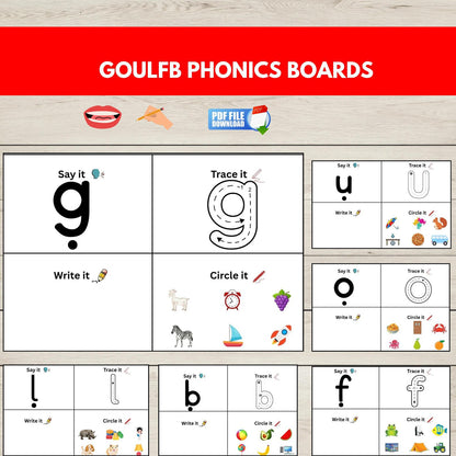 An image showing activity boards with the sounds GOULFB. 