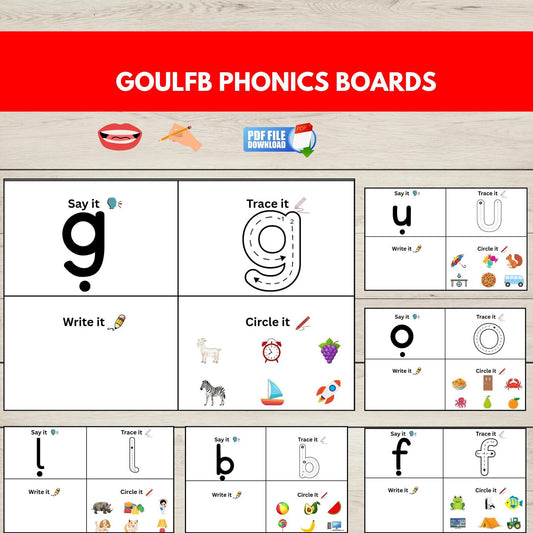 An image showing activity boards with the sounds GOULFB. 