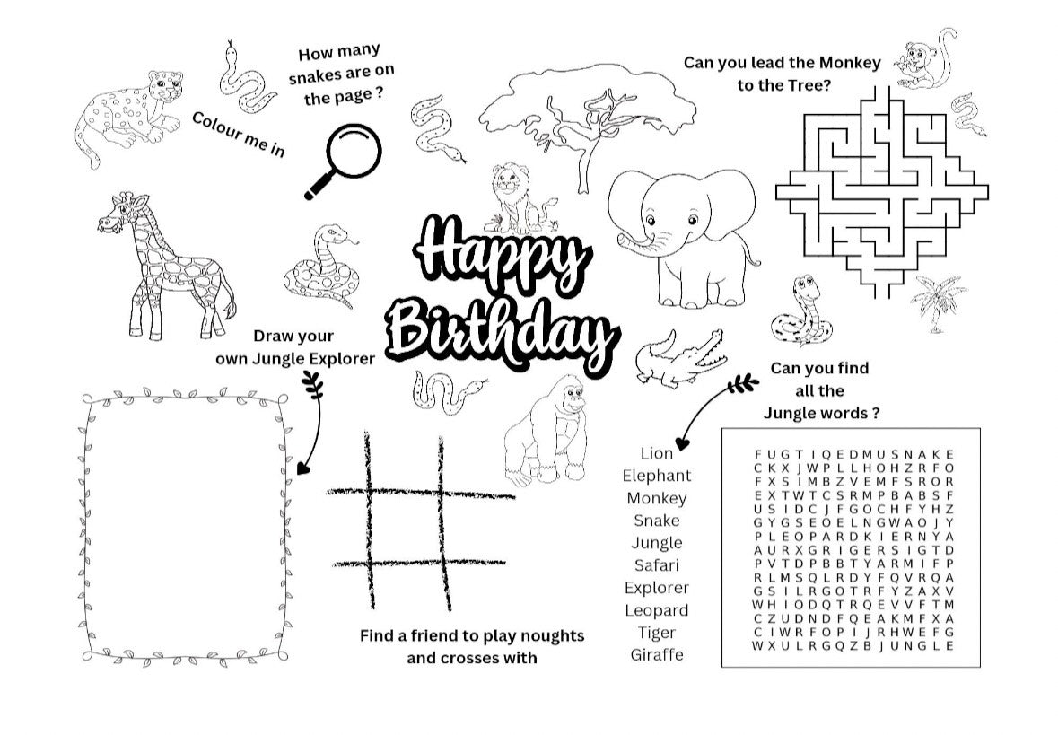 "A printable jungle animals birthday party placemat."