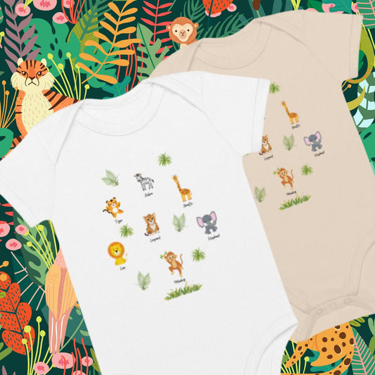 "Two jungle animals baby bodysuits in white and neutral."