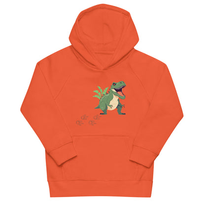 "A kids burnt orange dinosaur hoodie."