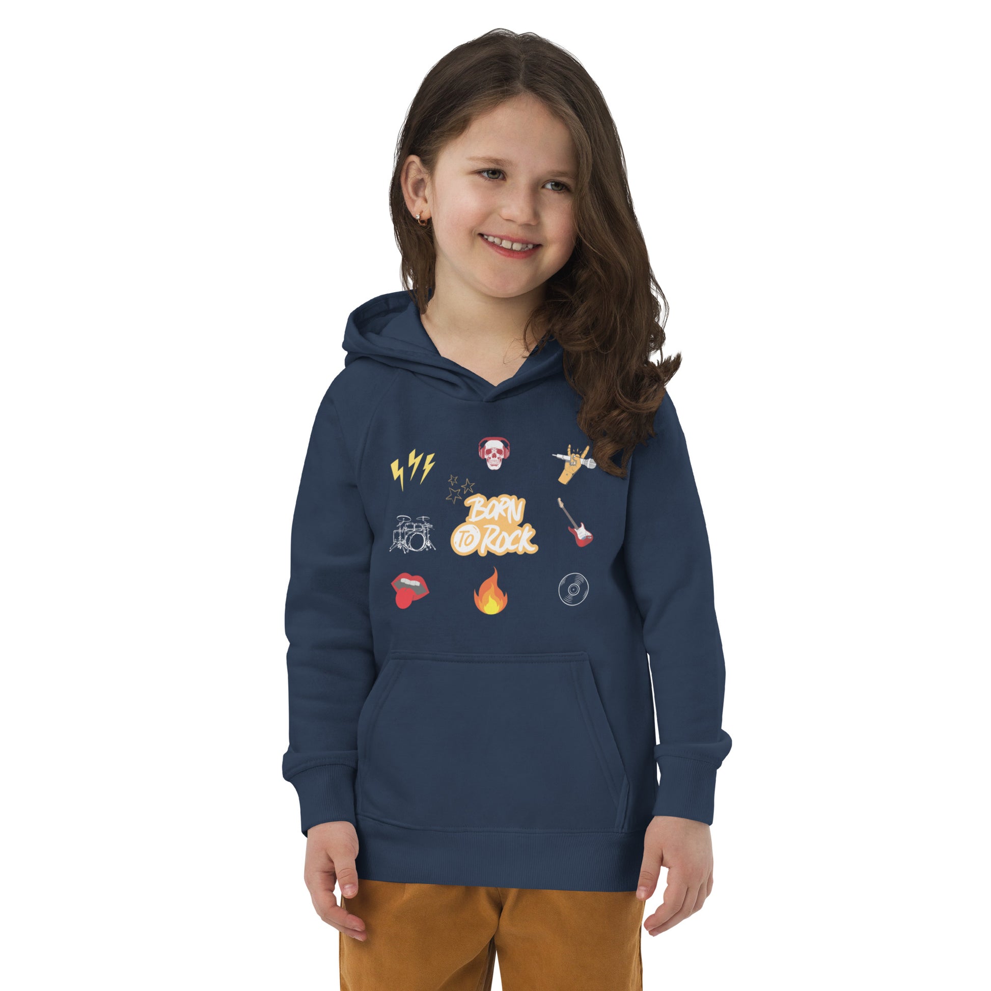 "A young girl wearing a navy hoodie with a born to rock print on the front."