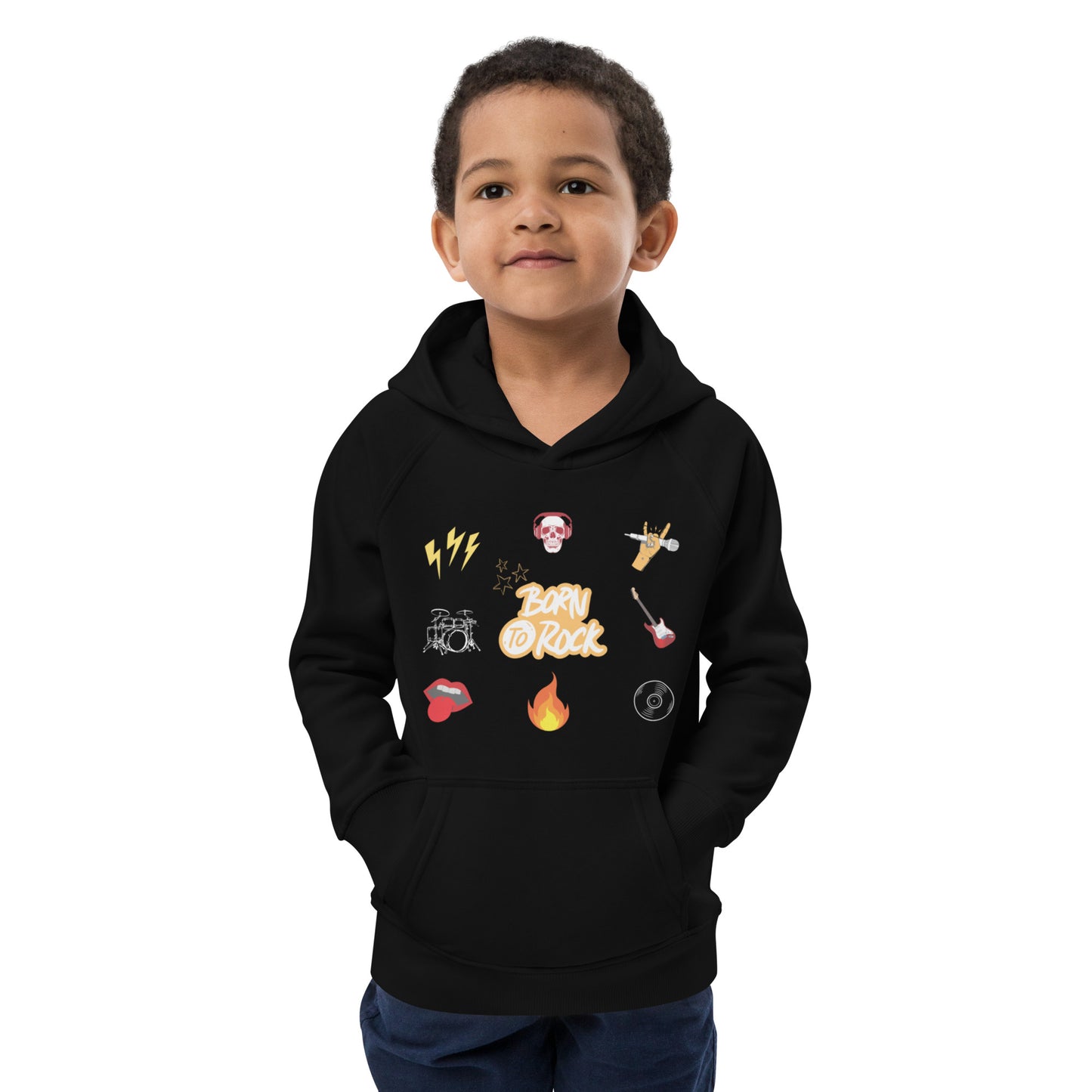 "A young boy wearing a black kids hoodie with a born to rock print on it."