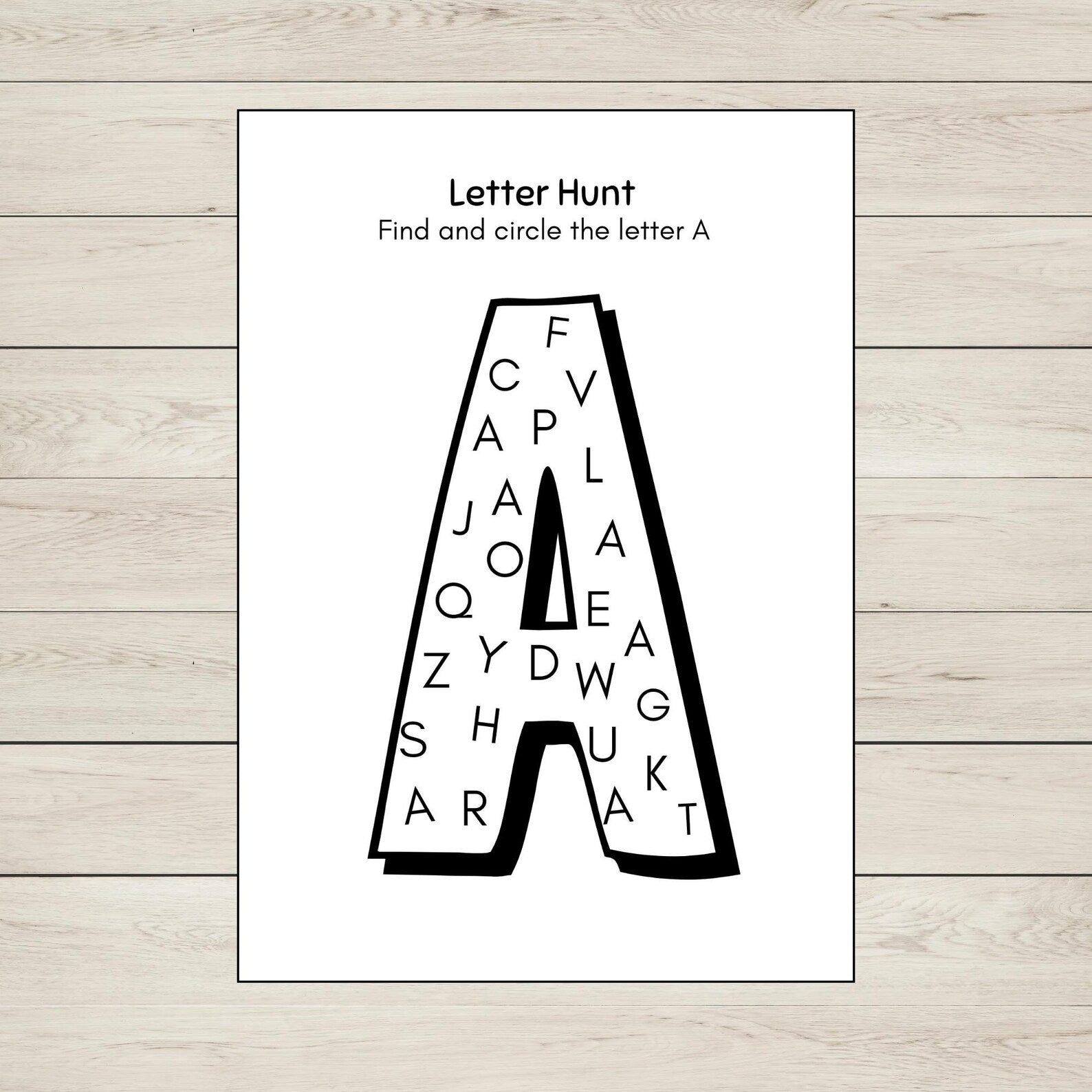 Letter A hunt worksheet for early literacy. 