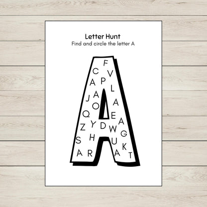 Letter A hunt worksheet for early literacy. 
