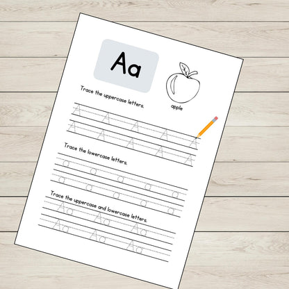 Educational worksheet for tracing uppercase and lowercase 'A's with an apple illustration on a wooden surface.