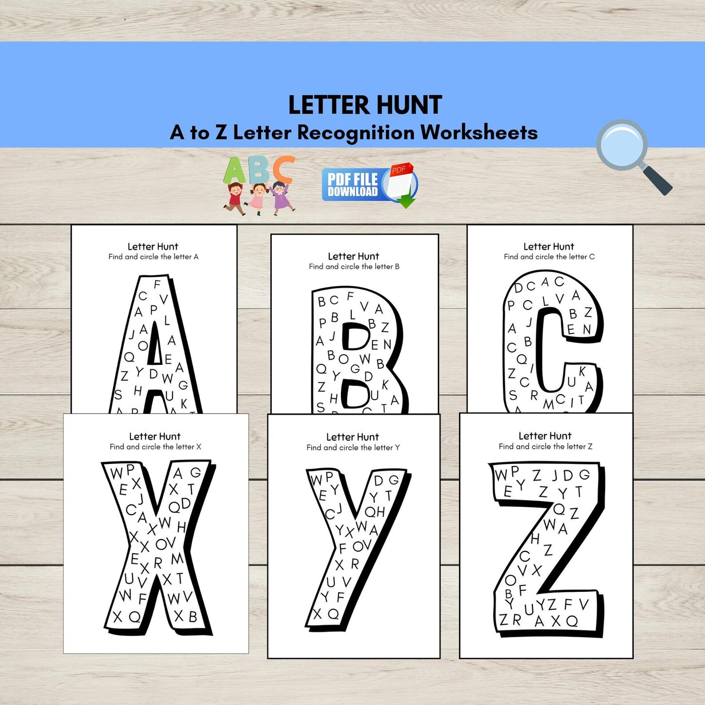 Letter recognition worksheets for A to Z on a wooden surface with a blue border.