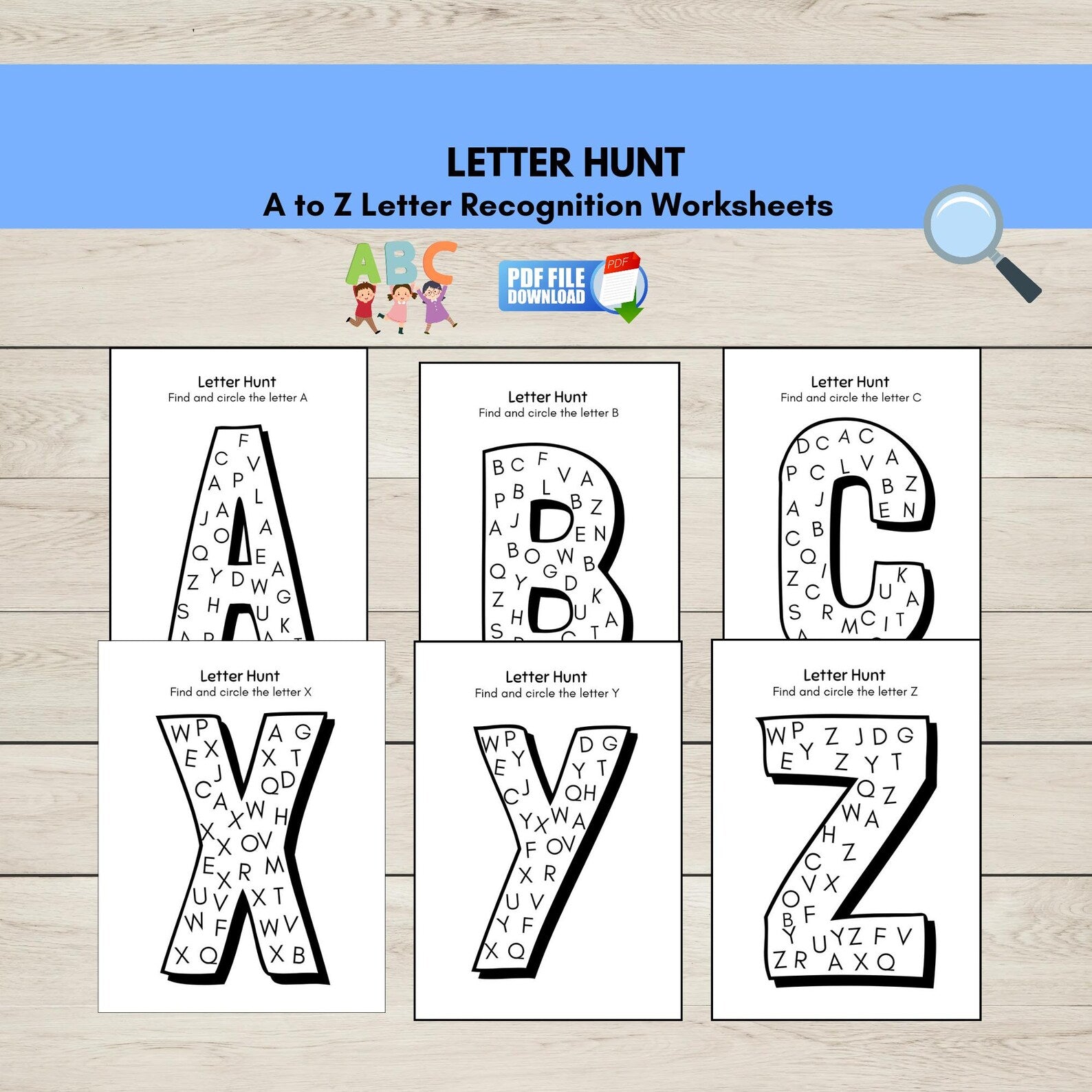 Letter recognition worksheets for A to Z on a wooden surface with a blue border.