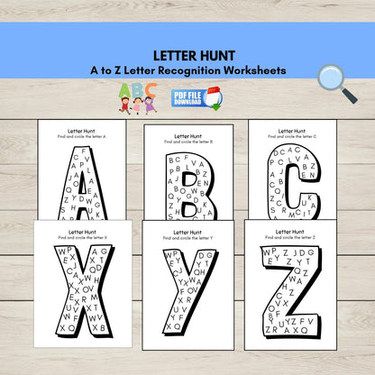 Letter recognition worksheets for A to Z on a wooden surface with a blue border.