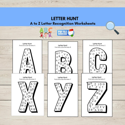 Letter recognition worksheets for A to Z on a wooden surface with a blue border.