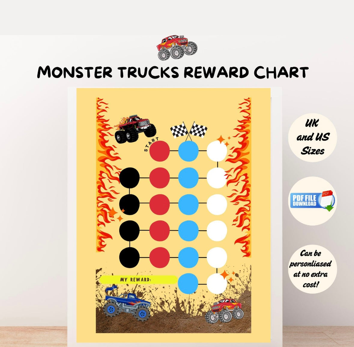 A printable behaviour chart for kids featuring monster trucks