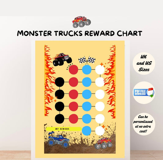 A printable behaviour chart for kids featuring monster trucks