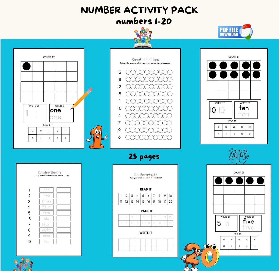 "Printable numbers to 20 worksheets."