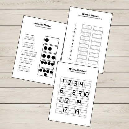 Three educational worksheets on a wooden surface, featuring number tracing and identification activities.