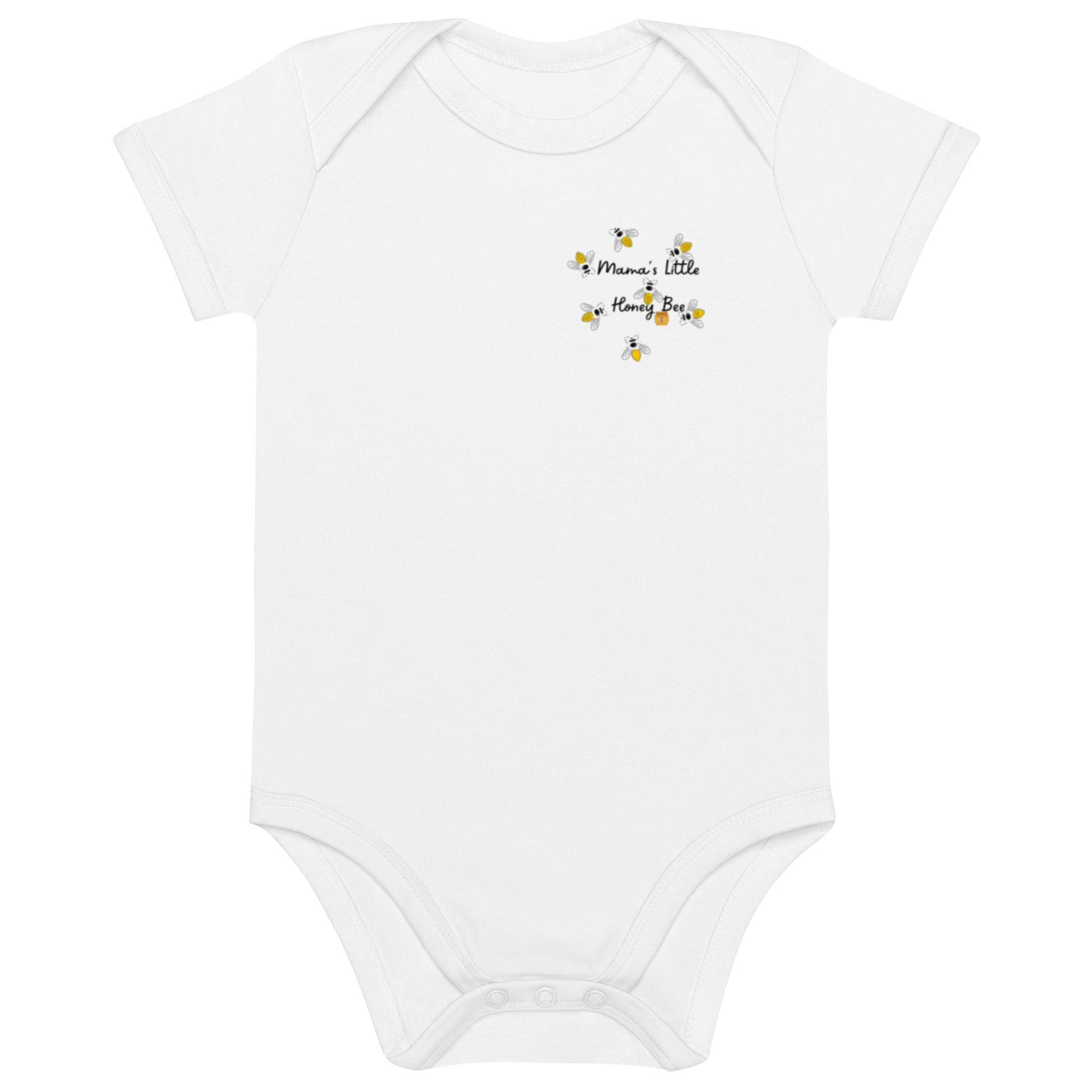 "A white baby bodysuit with mama's little honey bee on the left side."