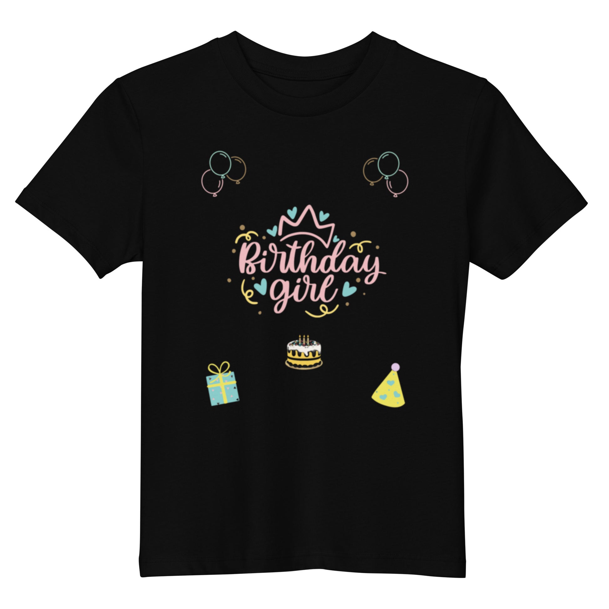 "A black organic cotton girls birthday shirt."