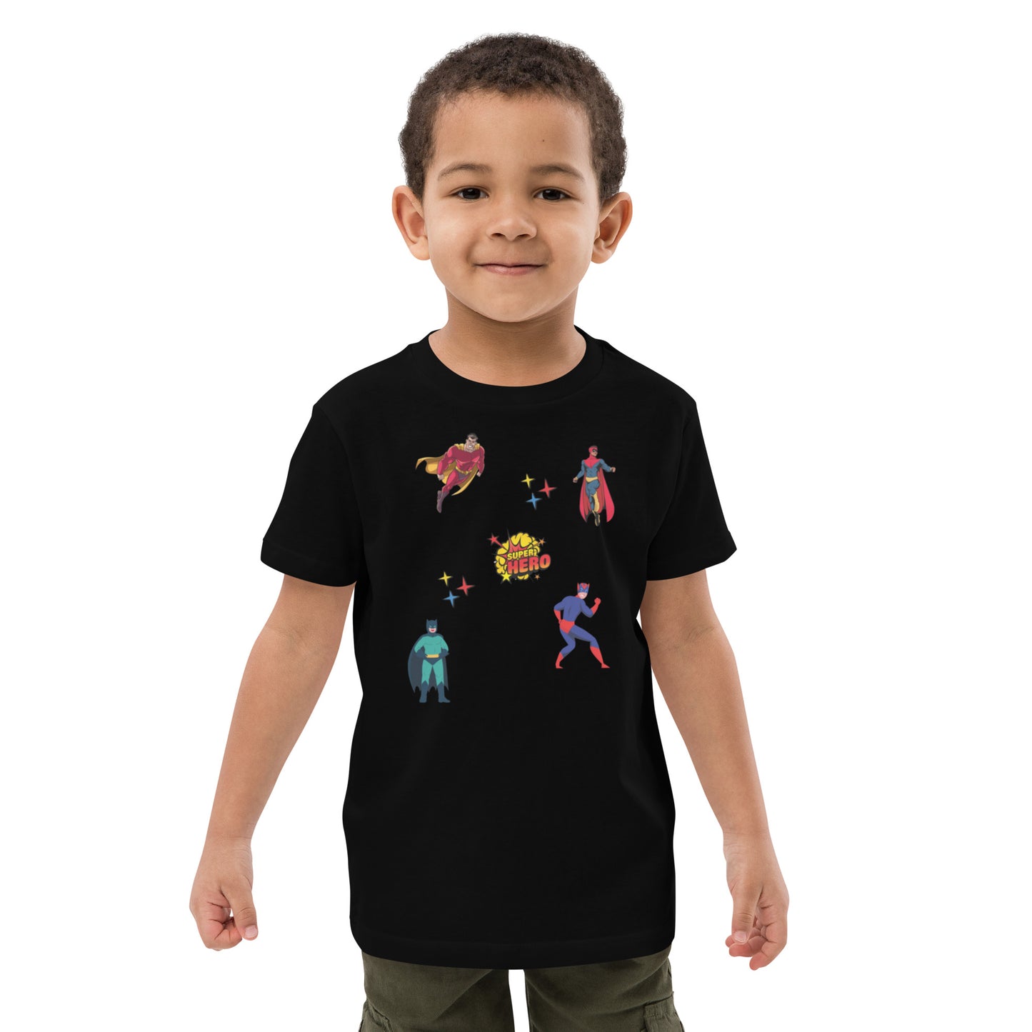 "A young boy wearing a black superhero comic shirt."