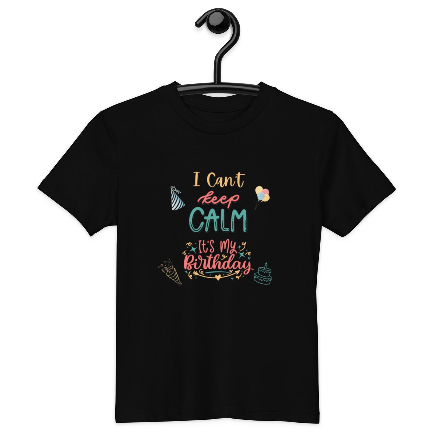 "A Kids Black Unisex T-Shirt with Keep Calm It's My Birthday Slogan on a hanger."