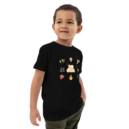 "A young boy wearing a black born to rock shirt."