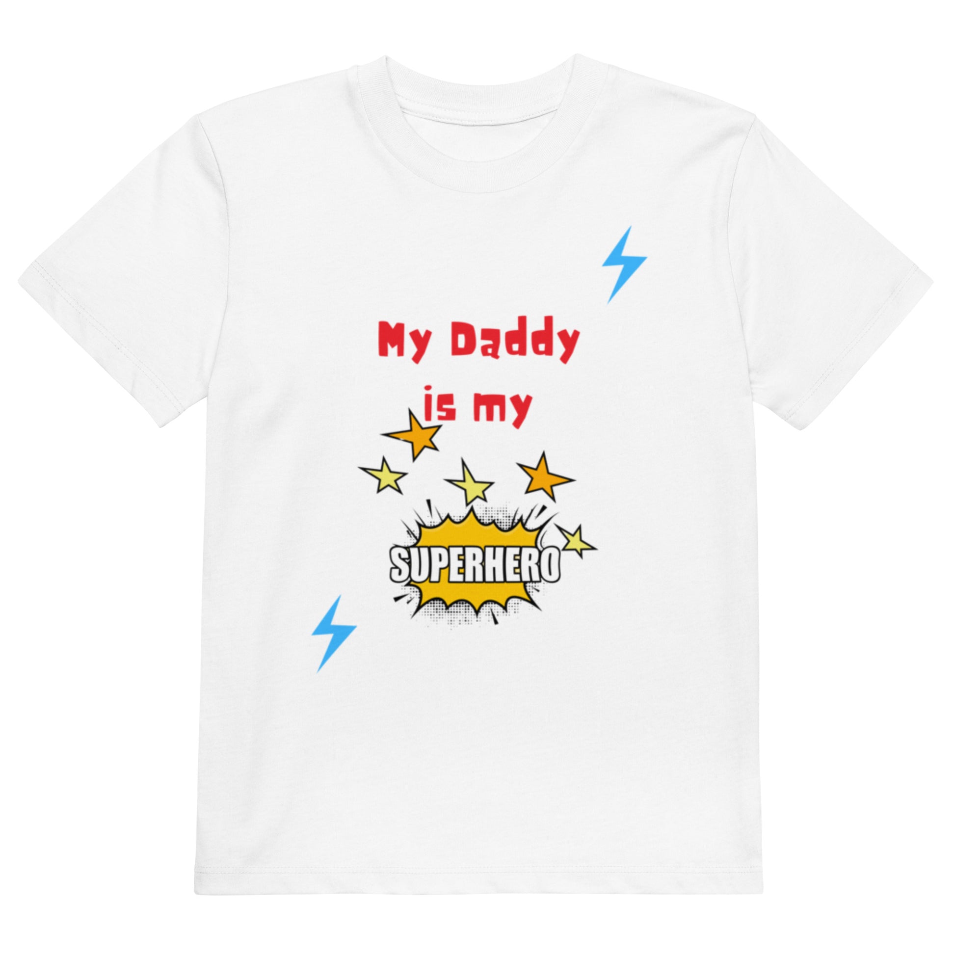 "A kids white shirt with my daddy is my superhero print."