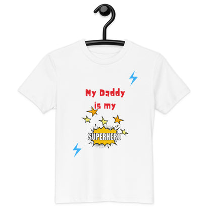 "A kids white shirt on a hanger with my daddy is my superhero."