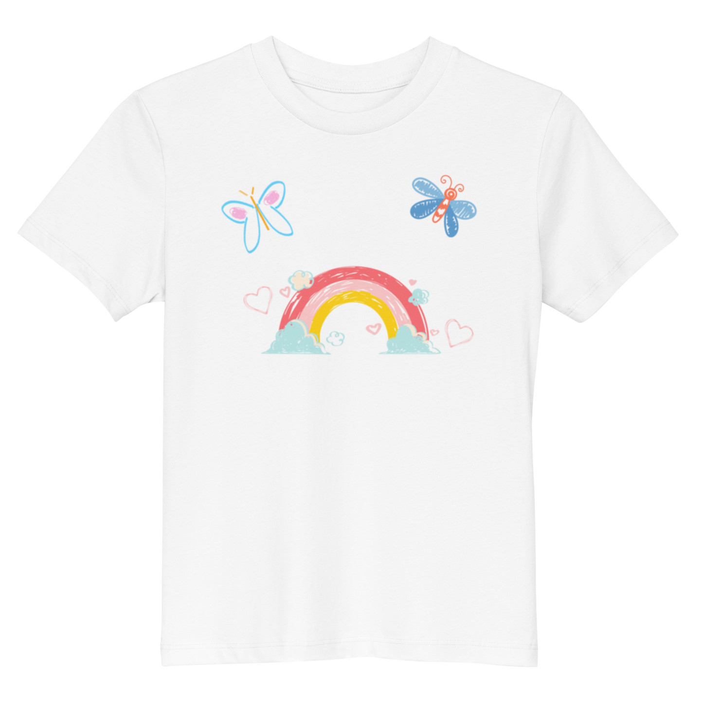 "A white kids shirt with rainbow flower and butterfly."