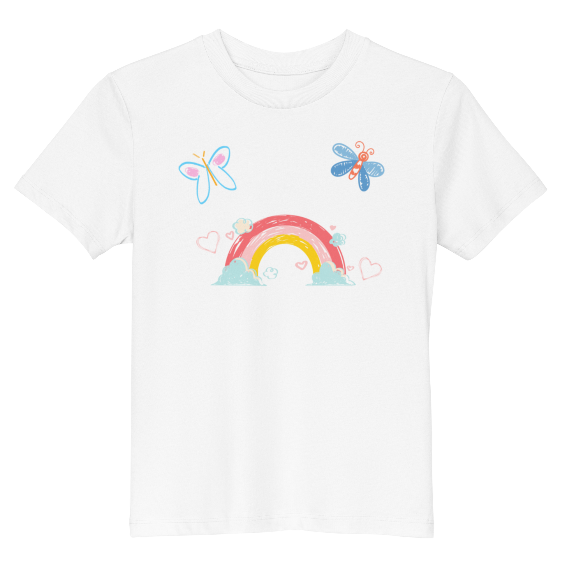 "A white kids shirt with rainbow flower and butterfly."