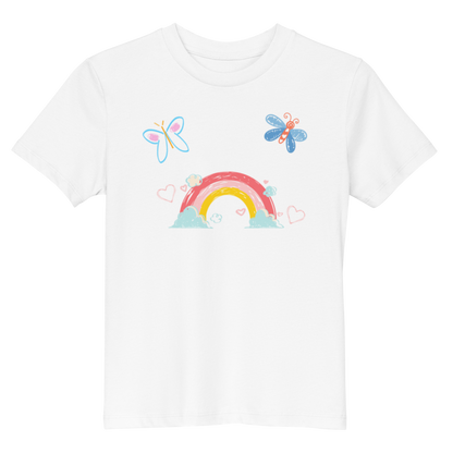 "A white kids shirt with rainbow flower and butterfly."