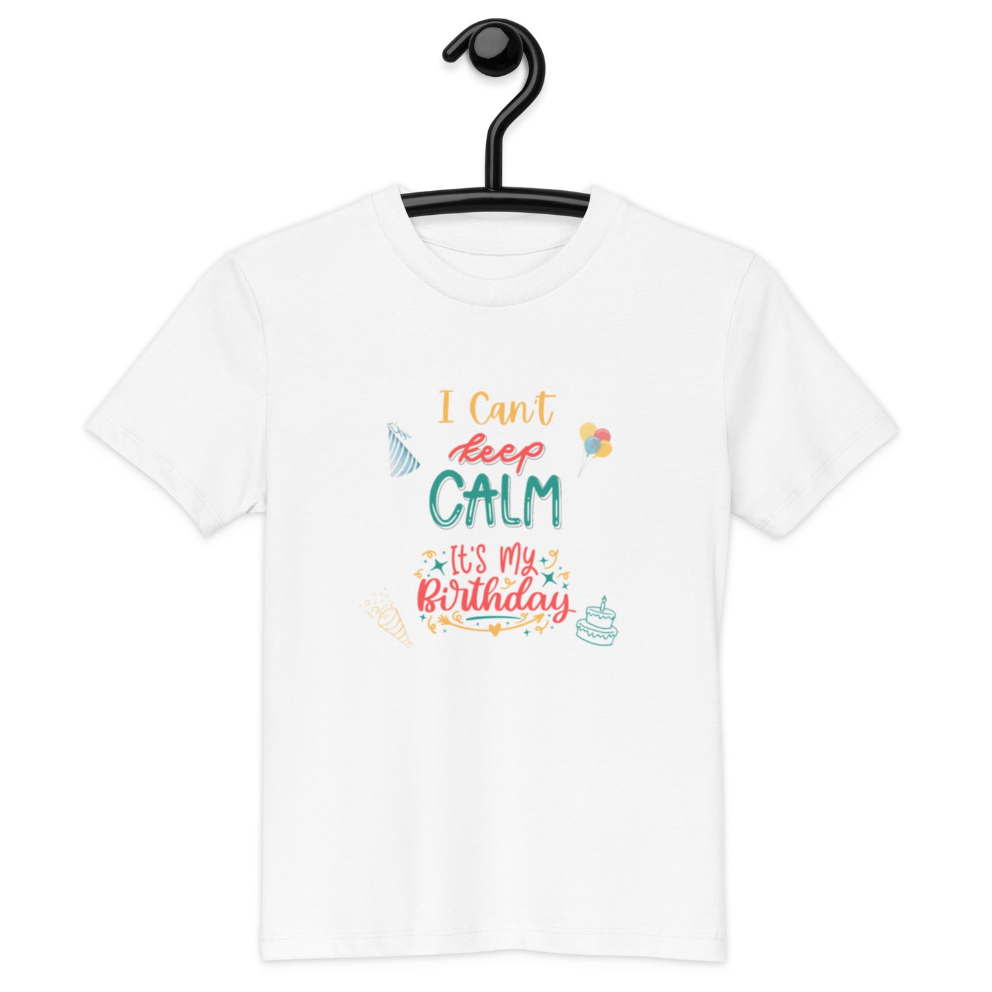 "A white kids t-shirt on a hanger with Keep Calm It's My Birthday"