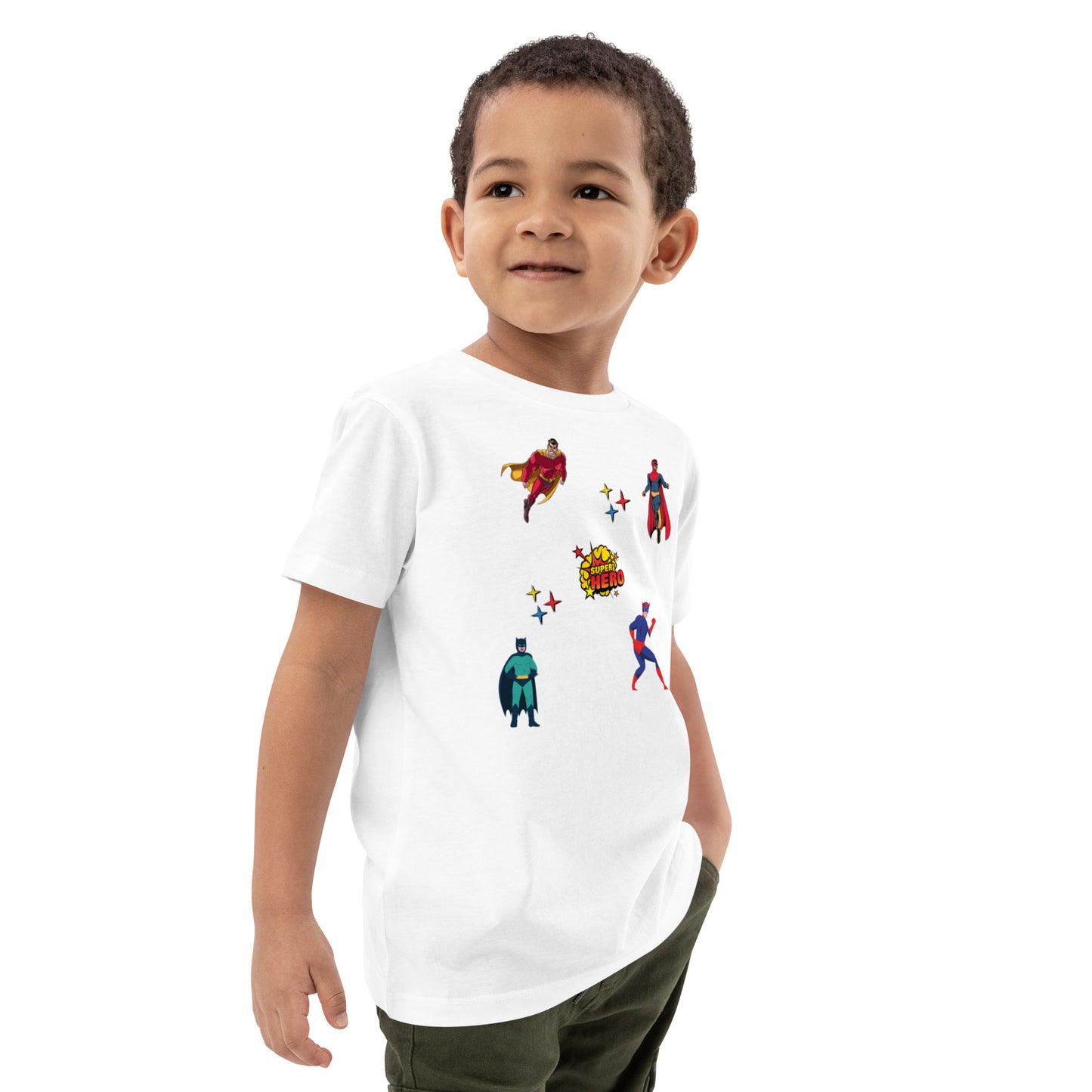 "A boy wearing a white superhero comics shirt."