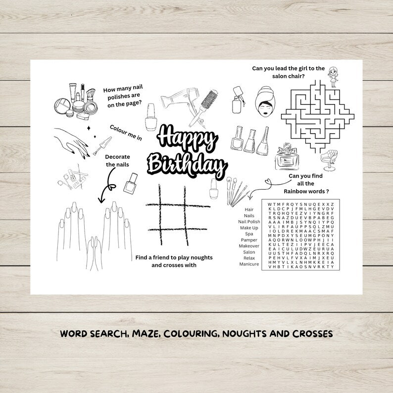 "A pamper party printable activity mat with coloring and games."