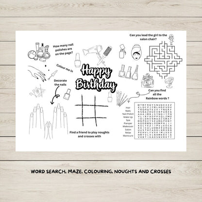 "A pamper party printable activity mat with coloring and games."