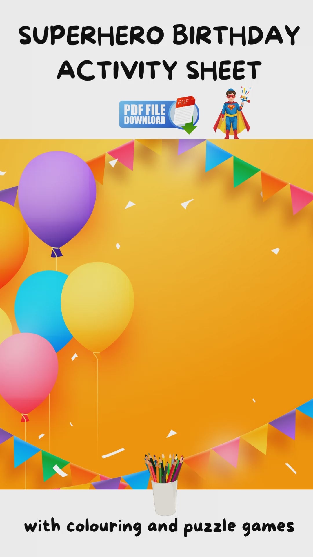 A video of a superhero-themed birthday activity page with colouring and puzzle games. 