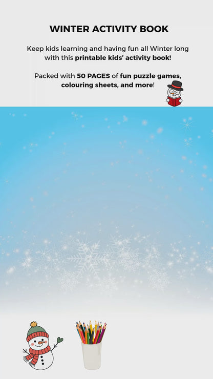A video featuring a 50-page winter-themed activity and colouring book for kids printable.
