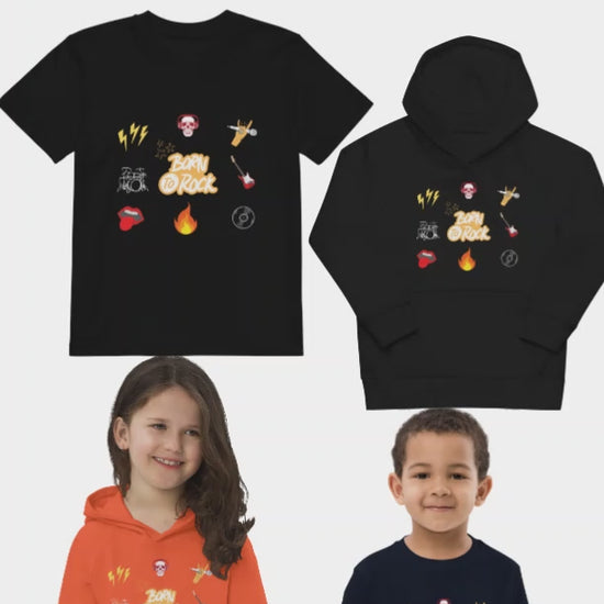 "A video showing kids hoodies and shirts with a born to rock print."