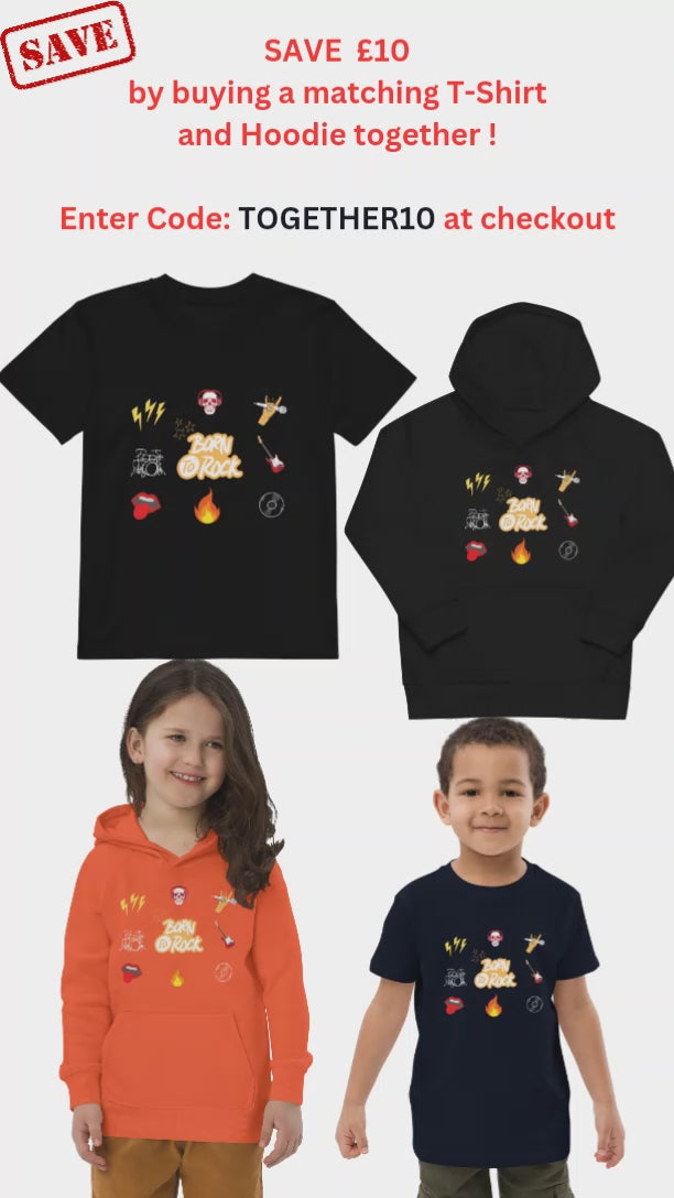 "A video showing kids hoodies and shirts with a born to rock print."