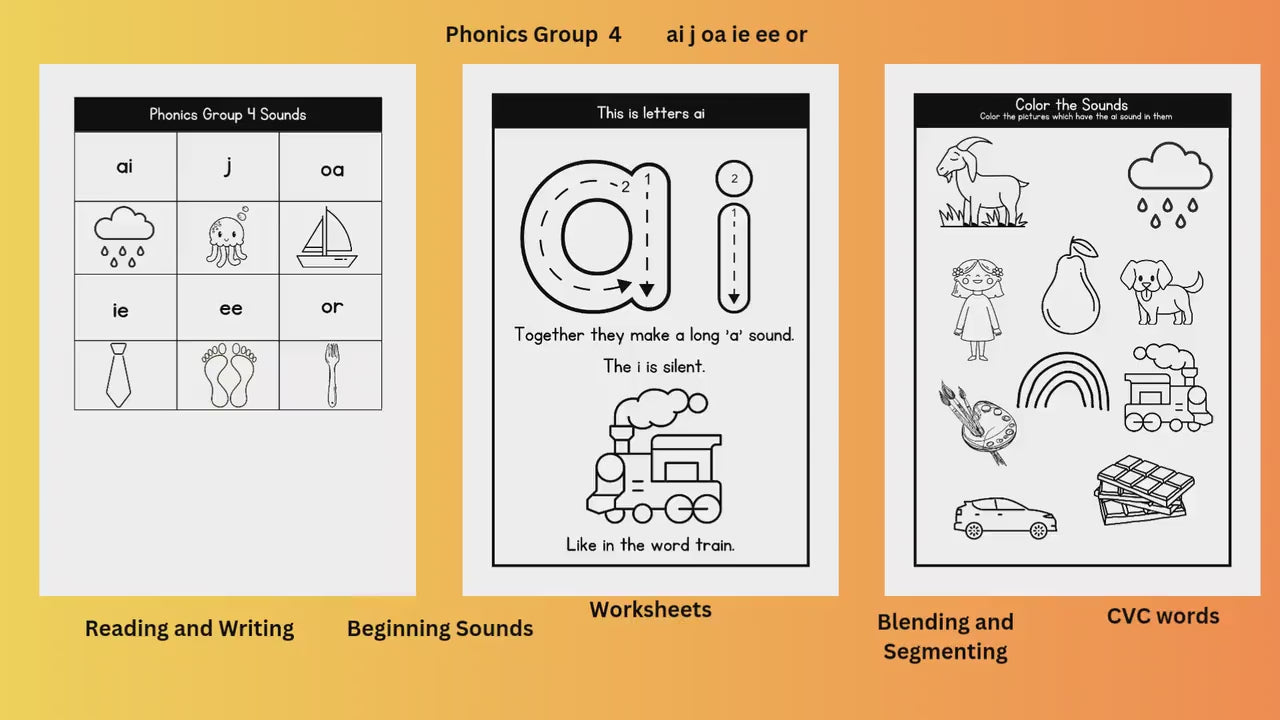 A video pf printable phonics worksheets for group 4 sounds.
